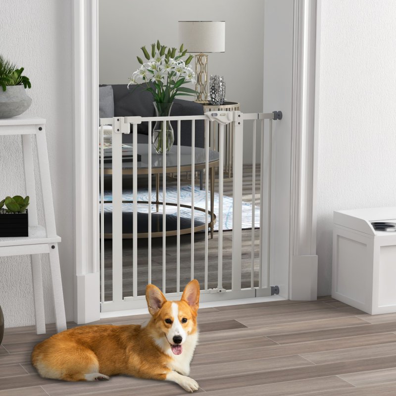 PawHut Dog Gate Stair Gate Pressure Fit Pets Barrier Auto Close for Doorway Hallway, 74-87cm Wide Adjustable, White