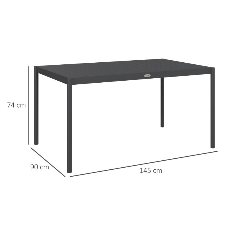 Outsunny 145cm Garden Table, Rectangle Outdoor Dining Table for 6 People, with Steel Legs and Slatted Aluminium Top, for Balcony, Lawn, Dark Grey