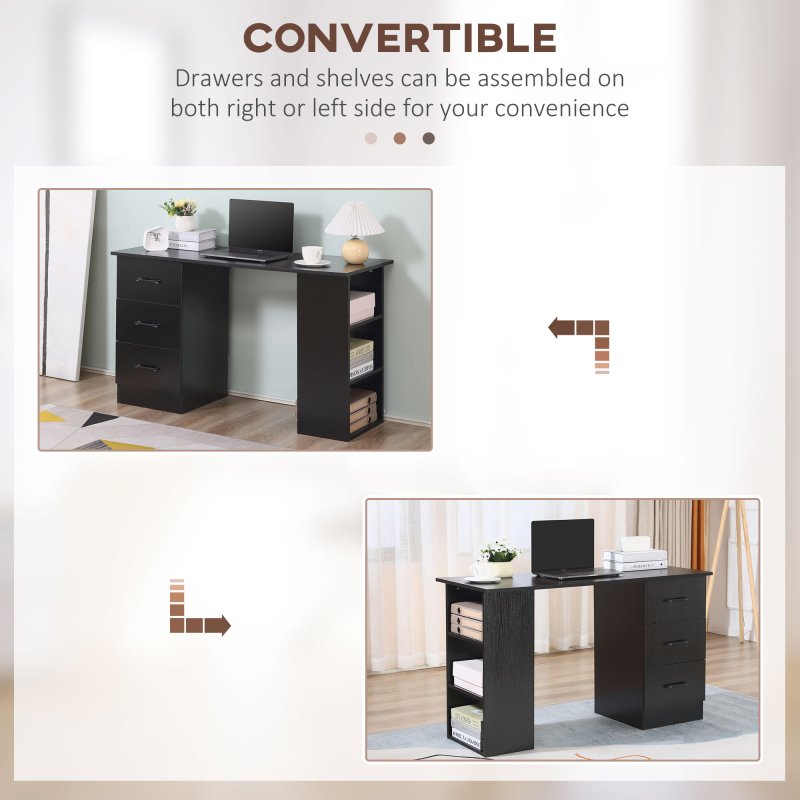 HOMCOM Computer Desk, Writing Table, PC Workstation with 3 Storage Shelves and Drawers, Black Handle, for Home Office