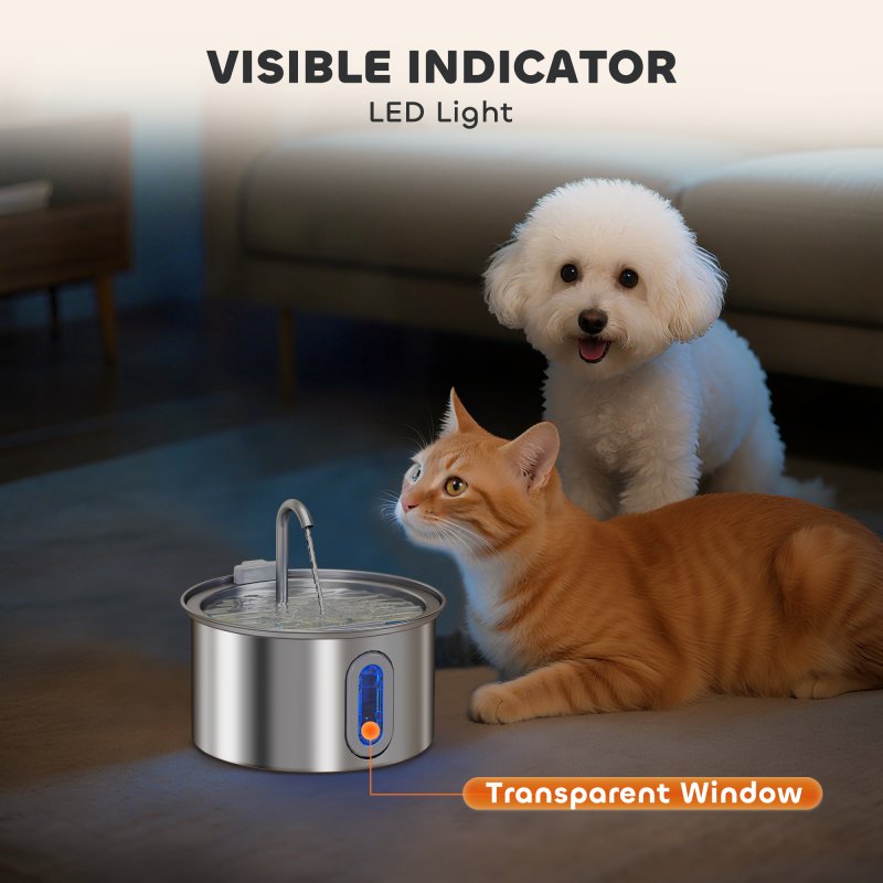 PawHut Cat Water Fountain for Drinking, 2.5L Cat Fountain Stainless Steel Automatic with Ultra-Silent Pump, Water-Level Window, Filters