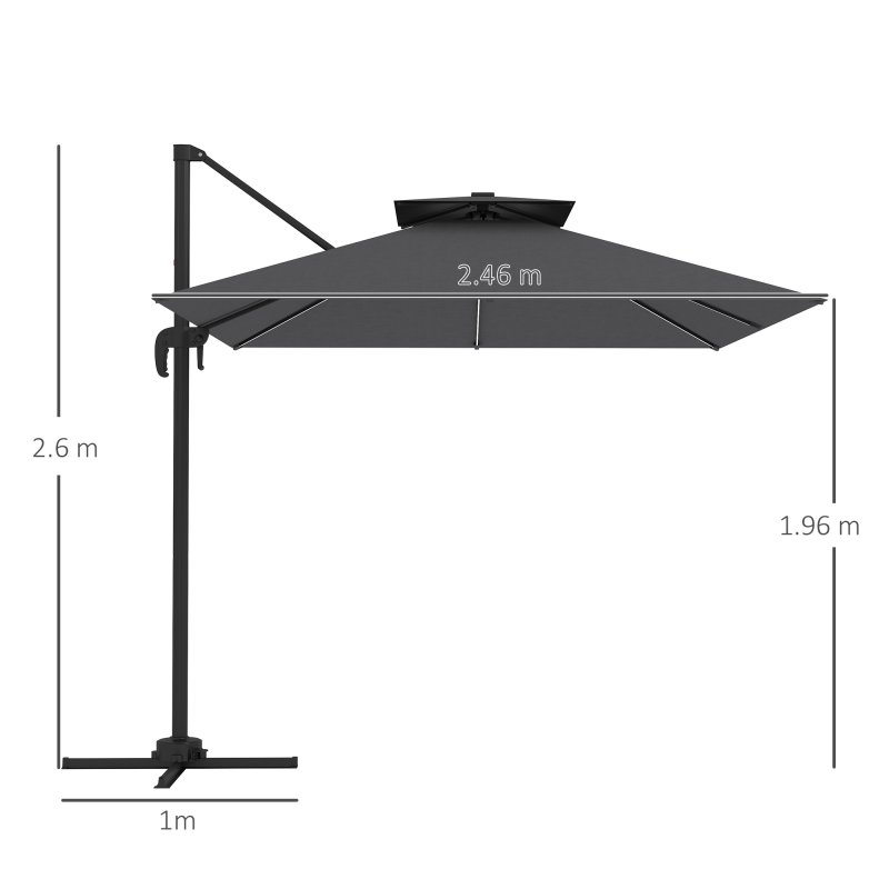 Outsunny 2.5m Cantilever Parasol with Solar Powered LED Lights, Double Top Square Overhanging Garden Parasol with 360?? Rotation, Tilt Adjustment, Crank Handle, Dark Grey
