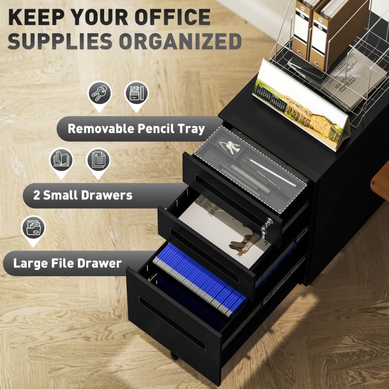 Vinsetto Metal Mobile File Cabinet with Wheels, Lockable 3 Drawer Filing Cabinet for A4, Legal, Letter, Compact Under Desk Storage Unit with Pre-Assembled Body for Home Office, 30 x 43.5 x 60cm, Black