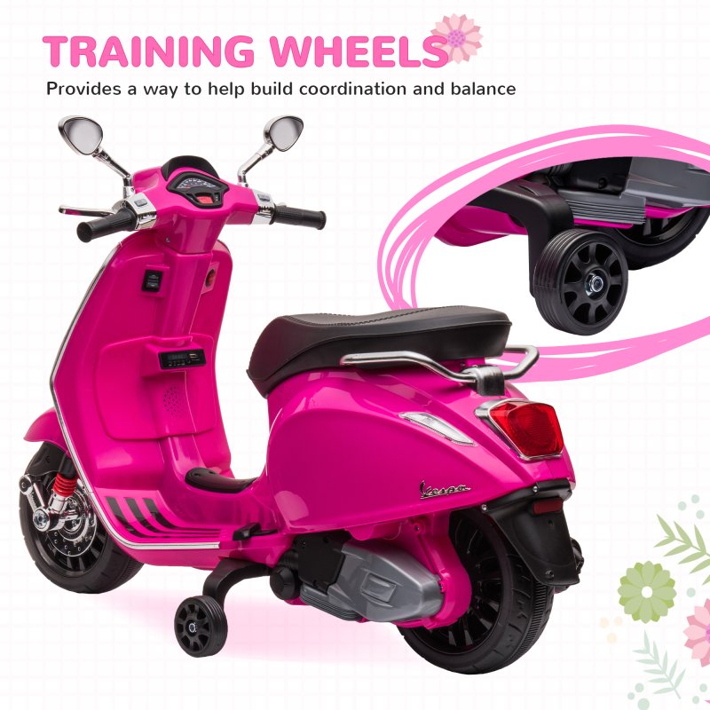 AIYAPLAY Vespa Licensed 12V Kids Electric Motorbike, Kids Ride on Motorcycle with Music, Headlight, MP3, FM Radio, Two Training Wheels, for 3-6 Years - Pink