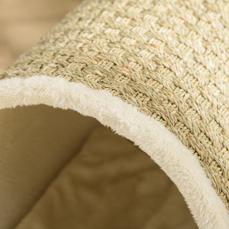 PawHut Raised Cat House Kitten Bed Pet Shelter Wrapped with Scratcher Soft Cushion, 41 x 38 x 43 cm, Beige