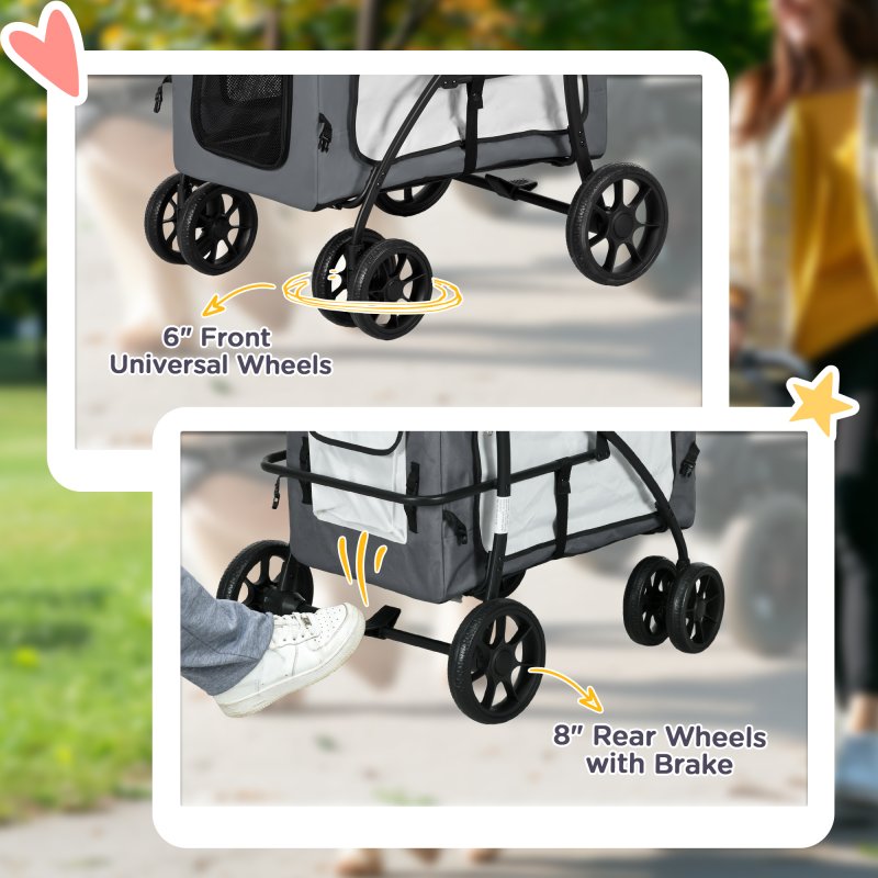 PawHut Dog Pram Dog Stroller Pet Pushchair with Detachable Carrier Soft Padding, Safety Leashes, for Mini and Small Dogs - Grey