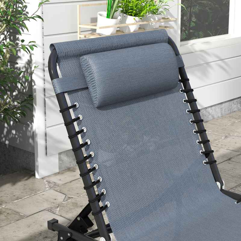 Outsunny 2 Piece Foldable Sun Loungers, Outdoor 4 Level Adjustable Backrest Reclining Chaise Chairs, Steel Frame Recliner Chair for Camping, Hiking, Grey
