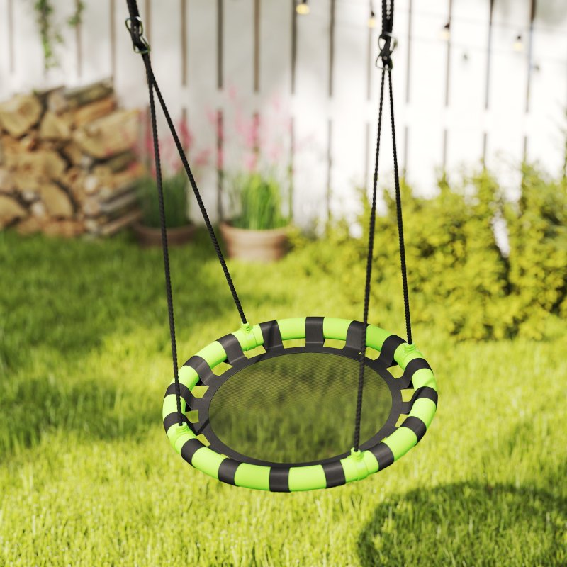 AIYAPLAY Kids Nest Swing Seat, Hanging Set with Height Adjustable Ropes for Kids, 60cm Diameter Round Saucer Swing Chair for Outdoor, Garden, Black/Green