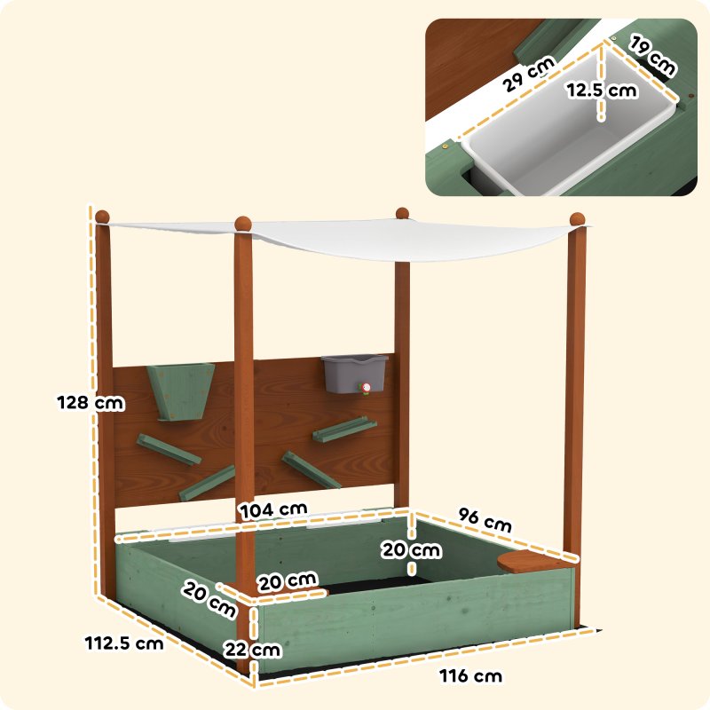 AIYAPLAY Wooden Kids Sandpit Outdoor Sandbox with Canopy with 2 Storage Bins, Funnel, Liner, Chutes, Bucket with Tap for 3-6 Years, 116 x 112.5 x 128 cm, Green