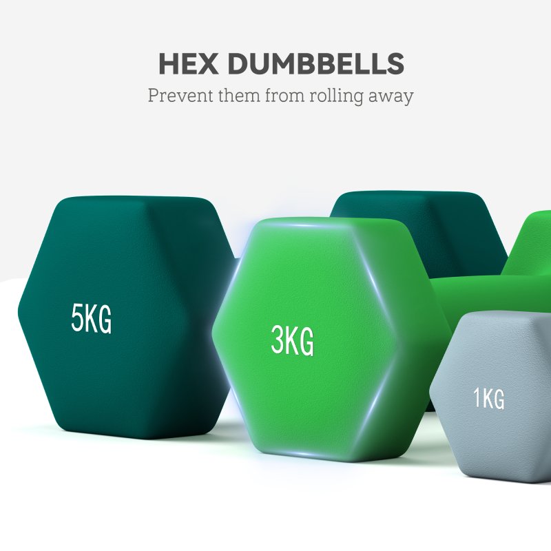 SPORTNOW Dumbbells Set with Carry Storage Rack, Set of 6 Weights for Home Gym, Kettlebell Training Weight Lifting Exercise, 2 x 1kg, 2 x 3kg, 2 x 5kg, Grey