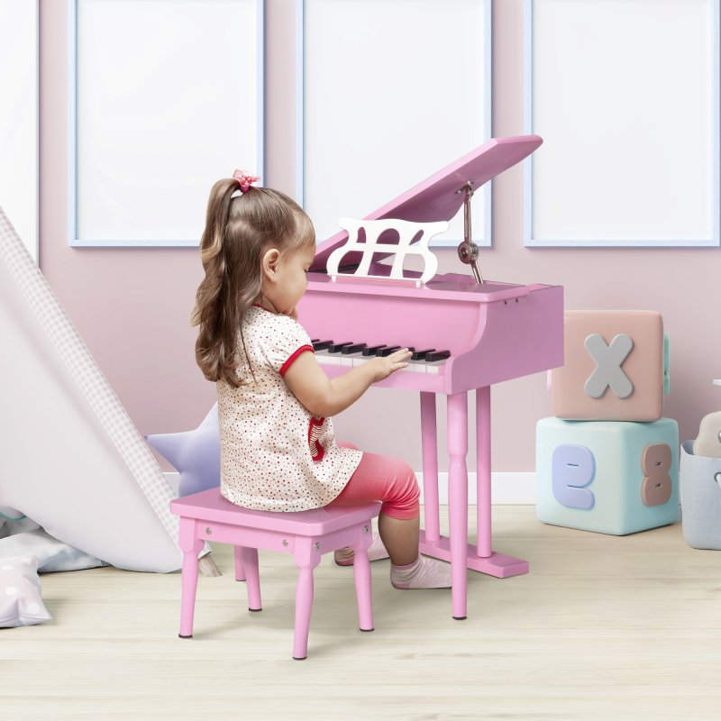 HOMCOM 30 Keys Kids Keyboard Piano Mini Piano Set Grand Piano with Music Stand and Bench Pink