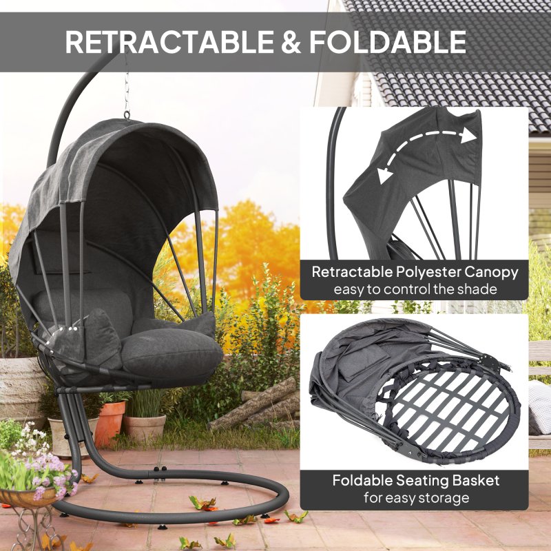 Outsunny Hanging Egg Chair with Cushion and Retractable Canopy, Swing Hammock Chair with Adjustable Metal Stand, for Indoor and Outdoor, Grey
