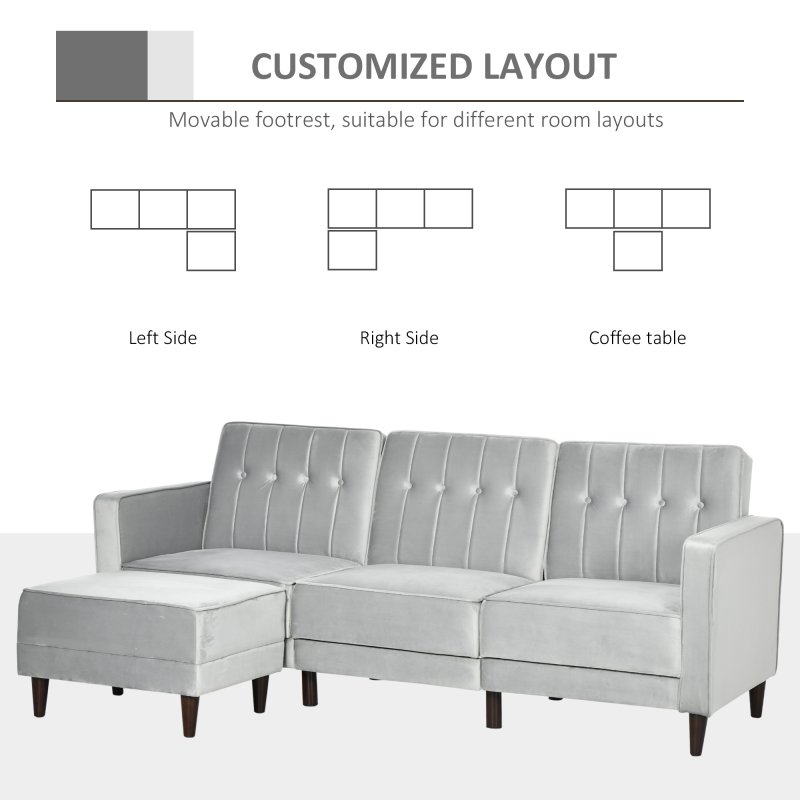 HOMCOM Corner Sofa Bed Reversible 3-Seater Sectional Sofa Set Velvet-Touch Sleeper Futon with Footstool, Light Grey