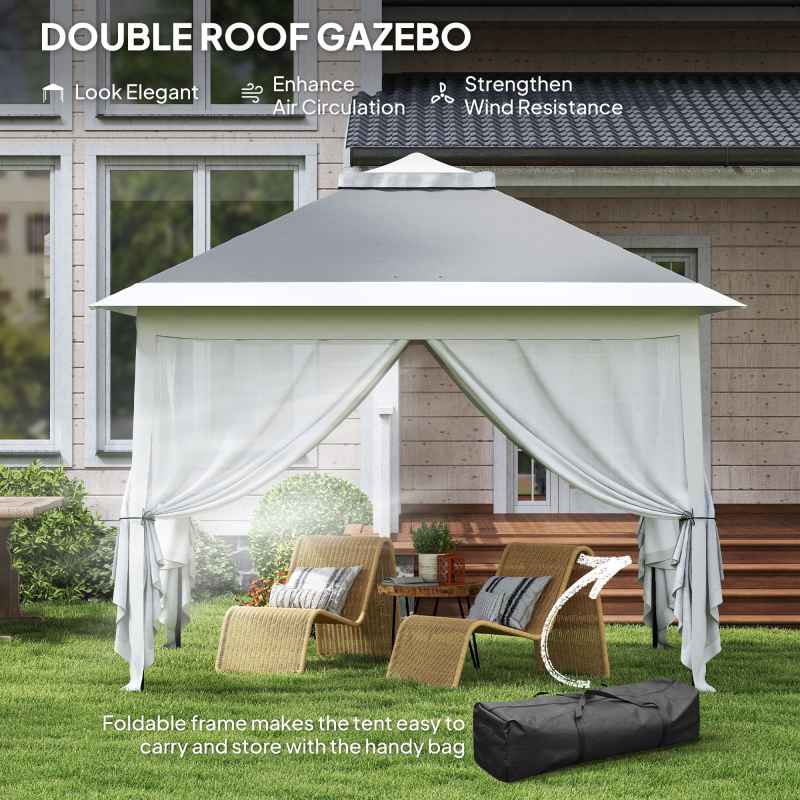 Outsunny 3.3 x 3.3m Pop Up Gazebo, Double Roof Foldable Canopy Tent with Zipped Mesh Sidewalls, Height Adjustable and Carrying Bag, Event Tent for Patio Garden, Dark Grey