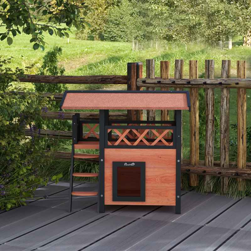 PawHut Outdoor Cat House Kitten Shelter Puppy Kennel with Balcony Stairs Asphalt Roof, 77 x 50 x 73 cm, Brown