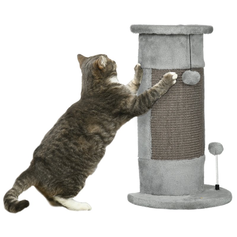 PawHut 58cm Cat Scratching Post for Corner Wall, Claw Scratcher, with Smooth Plush, Sisal Rope, Toy Balls, Stable Base - Grey