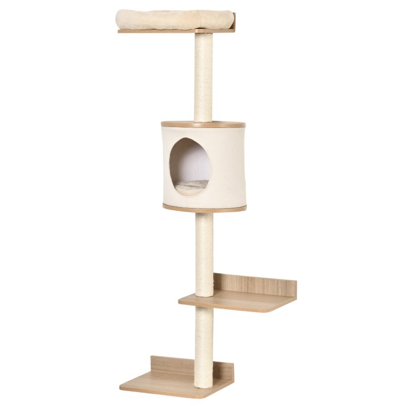 PawHut Cat Tree for Indoor Cats, Wall Mounted Cat Shelf w/ Perch, Cat House, Scratching Post - Beige