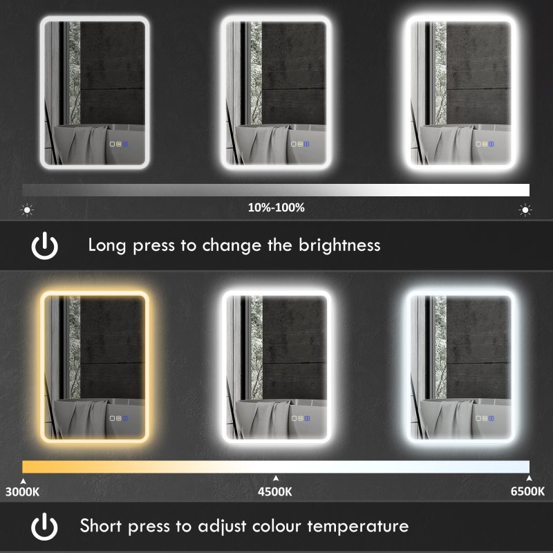 HOMCOM  Backlit Illuminated Bathroom Mirror with LED Lights and Bluetooth, Wall Mounted Vanity Mirror with 3 Colours Dimmable, Anti-Fog, Memory Function, Touch Switch, IP44