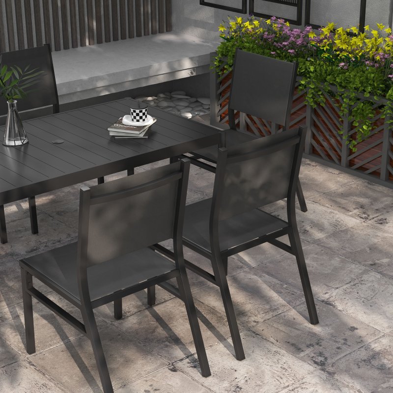 Outsunny 7 Piece Garden Dining Set, 6 Seater Garden Table and Chairs with Parasol Hole, Aluminium Top Table and Texteline Chairs, Outdoor Dining Furniture Set for Patio, Dark Grey