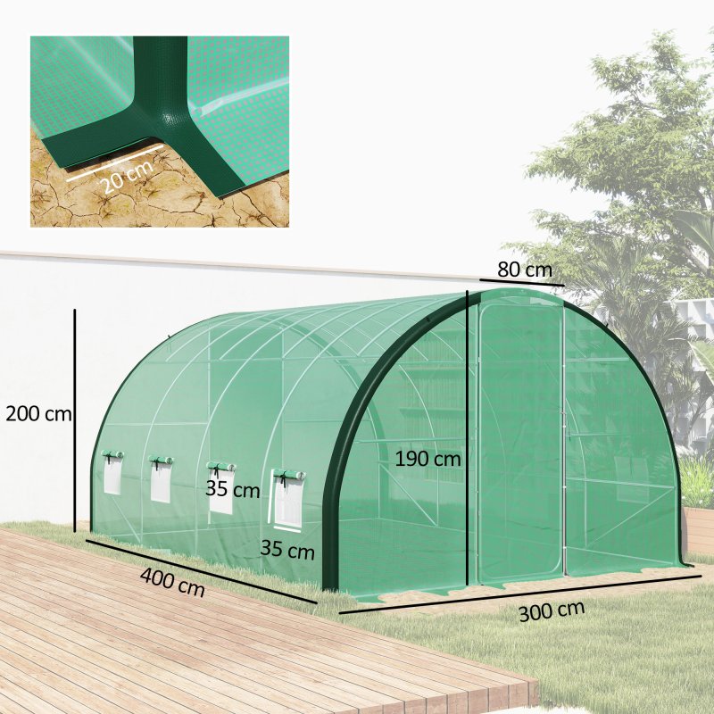 Outsunny 4 x 3(m) Walk-in Polytunnel Greenhouse with Upgraded Structure, 2 Hinged Doors, 8 Mesh Windows, Tunnel Warm House Tent with UV-resistant PE Cover, Green