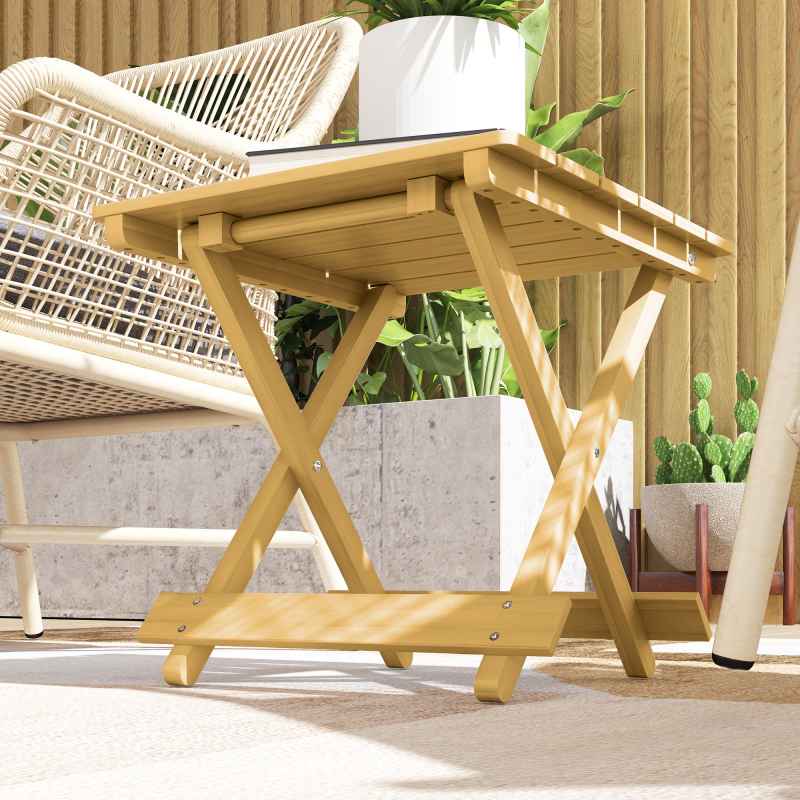 Outsunny Fir Wood Folding Coffee Table, Lightweight Small Garden Table with Slatted Top, Portable Folding Side Table for Balcony Deck Patio Terrace, Nature Wood Finish