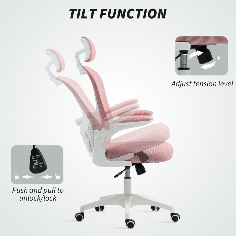 Vinsetto High Back Office Chair, Mesh Computer Desk Chair with Rotatable Headrest, 4D Lumbar Support, Flip-up Arm, Adjustable Height, Pink