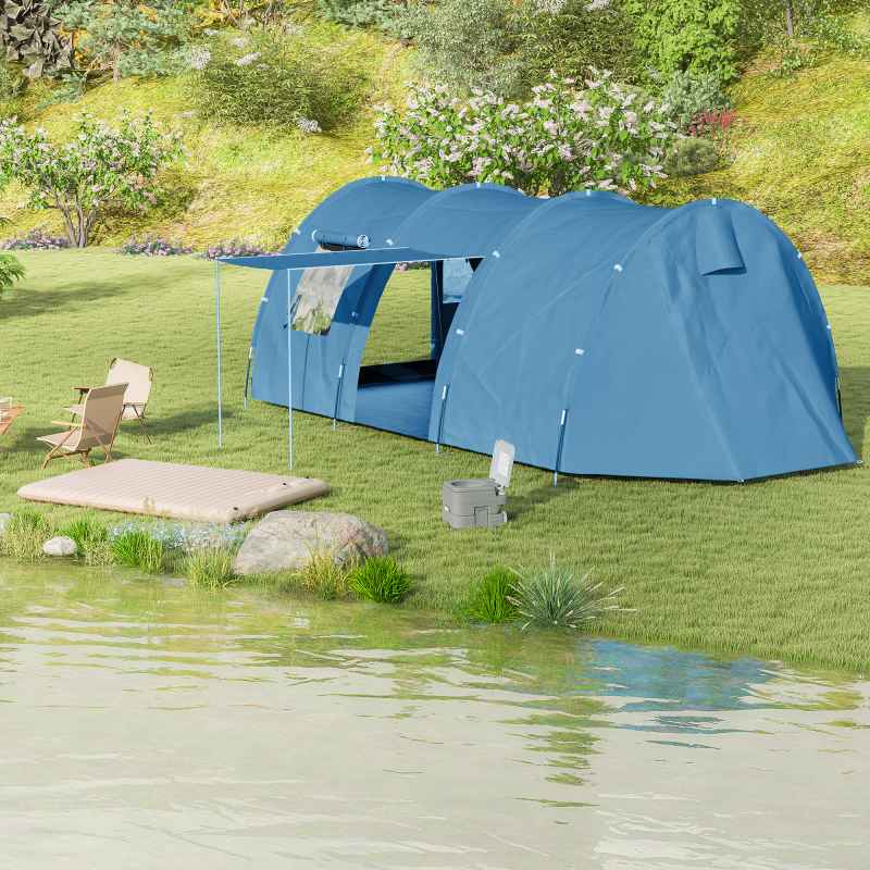 Outsunny 5-6 Man Tunnel Tent, Two Room Camping Tent with Floor, 2 Doors and Carry Bag, 2000mm Water Column for Fishing, Hiking, Sports, Festival, Blue