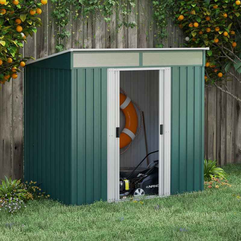 Outsunny 6.5 x 4FT Galvanised Metal Garden Shed with Foundation Kit, Lockable Tool Storage House with Double Sliding Doors and 2 Vents, Green