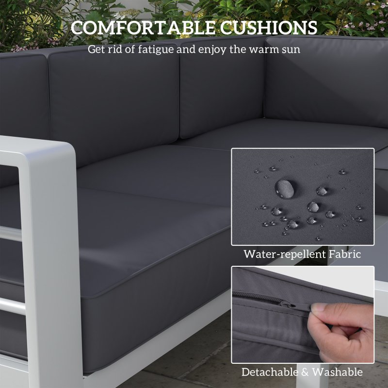 Outsunny 5-Piece Garden Corner Sofa Set with Cushions, 6 Seater Aluminium Garden Furniture Set with Glass Top Coffee Table, Patio Sectional Conservatory Furniture for Patio & Terrace, Light Grey