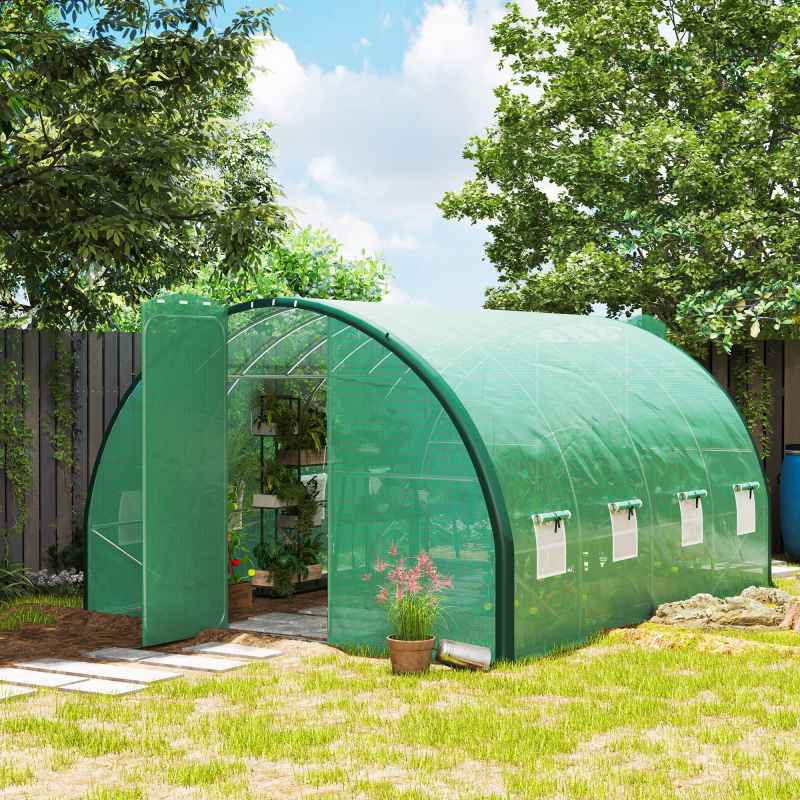 Outsunny 4 x 3(m) Walk-in Polytunnel Greenhouse with Upgraded Structure, 2 Hinged Doors, 8 Mesh Windows, Tunnel Warm House Tent with UV-resistant PE Cover, Green