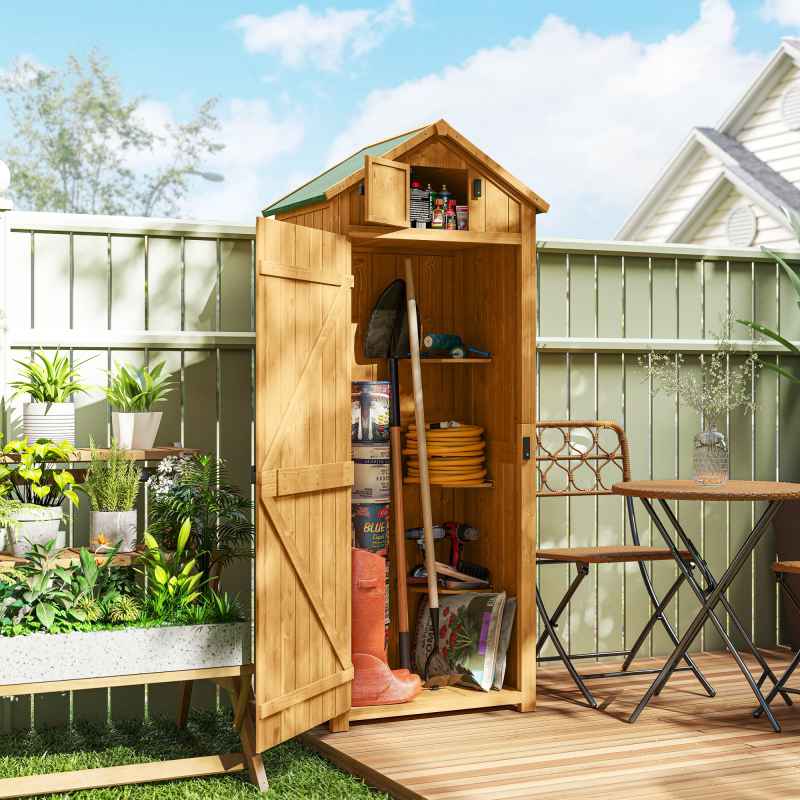 Outsunny Garden Shed Vertical Utility 3 Shelves Shed Wood Outdoor Garden Tool Storage Unit Storage Cabinet, 77 x 54.2 x 179cm - Brown
