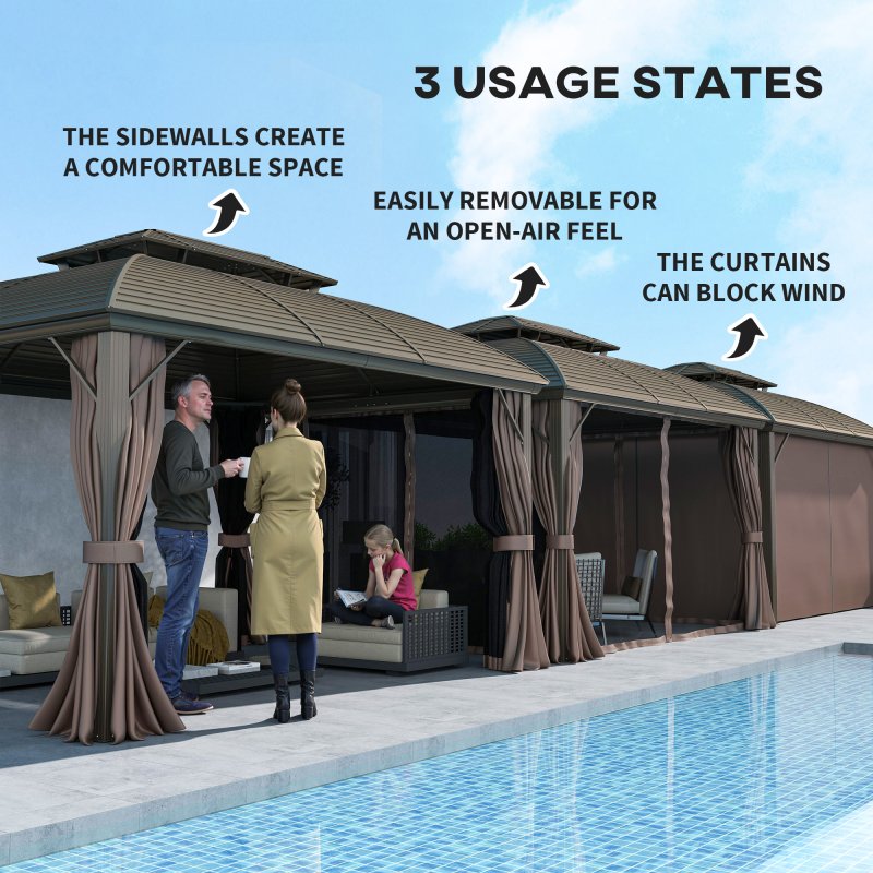 Outsunny 3.65 x 3(m) Hardtop Steel Gazebo Canopy for Patio Heavy Duty Outdoor Pavilion with Aluminium Alloy Frame, Double Roof, Net Sidewalls and Curtains, Coffee