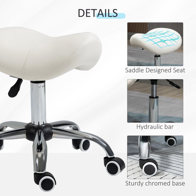 HOMCOM Cosmetic Stool 360?? Rotate Height Adjustable Salon Massage Spa Chair Hydraulic Rolling Faux Leather Saddle Stool Mobility, Cream