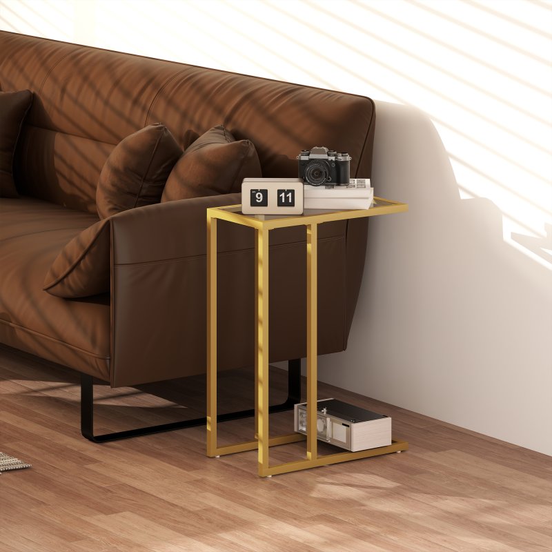 HOMCOM C-Shaped Side Table, Modern Slim End Table with Tempered Glass Tabletop, Steel Frame for Small Space, Living Room, Bedroom, Gold Tone