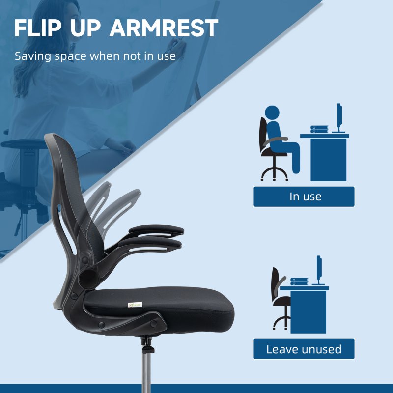 Vinsetto Drafting Chair with Flip-up Armrests, Mesh Office Chair, Ergonomic Draughtsman Chair with Lumbar Support and Footrest Ring for Standing Desk and Bar Counter, Black