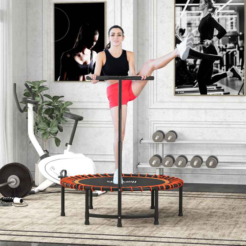 HOMCOM 45" Fitness Trampoline with Adjustable Handle, Folding Rebounder Trampoline Mini Jumper for Indoor Exercise Workout, Support Up to 100kg, Orange