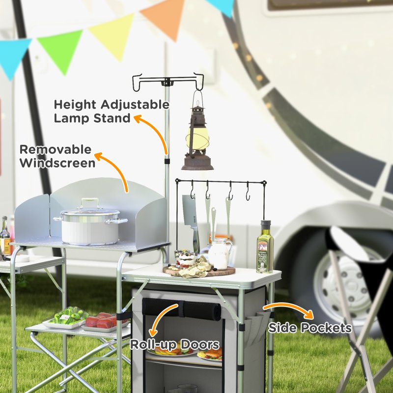 Outsunny Camping Kitchen with Storage Cupboard, Folding Camping Table, Aluminium Portable Picnic Table with Windshield, Light Stand, Carrying Bag for BBQ, Silver