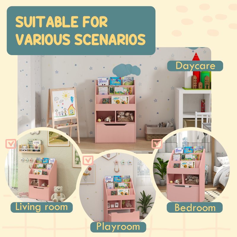 HOMCOM Kids Bookshelf with Storage Drawer, Children's Bookcase with Wheels, Toy Organiser for Bedroom, Playroom - Pink