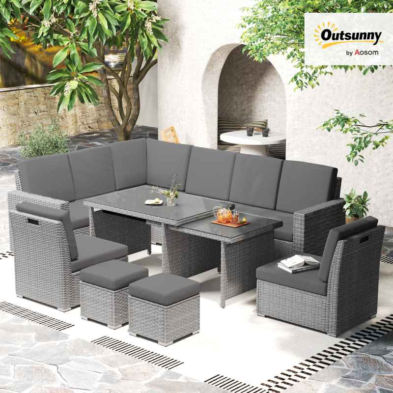 Outsunny 10 Seater Rattan Dining Set with Expandable Table and Nesting Chairs, Rattan Garden Furniture Set with Cushions, Outdoor Dining Table and Chairs, Sectional Corner Sofa Set, Light Grey