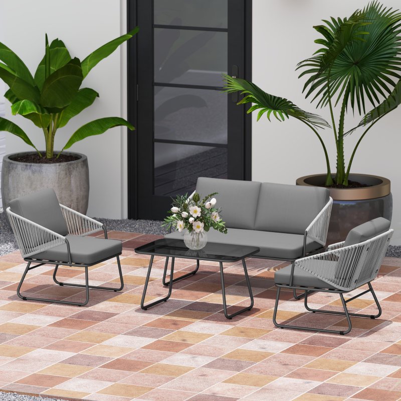 Outsunny 4 Piece Rattan Garden Furniture Set, Wicker Patio Outdoor Furniture Set with Loveseat, Armchairs, Glass Top Coffee Table and Cushions for Patio, Conservatory, Balcony, Grey