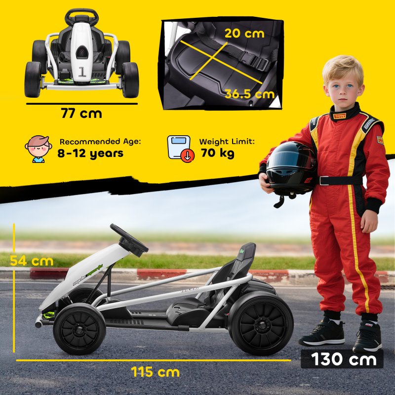 HOMCOM 24V Electric Go Kart for Kids, Drifting Ride-On Racing Go Kart with Slow Start, Music, Horn Honking and Safety Belt, for 8-12 Years Old, White
