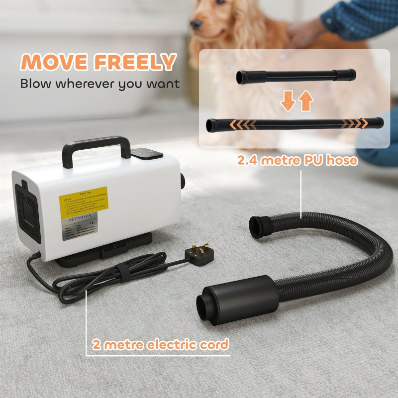 PawHut Dog Hair Dryer with One-Click Auto Adjustable Airflow and Temperature, 2200W Pet Grooming Hair Dryer with 3 Nozzles, Digital Screen, Pet Air Blower Blaster Dryer for Dogs Cats, White
