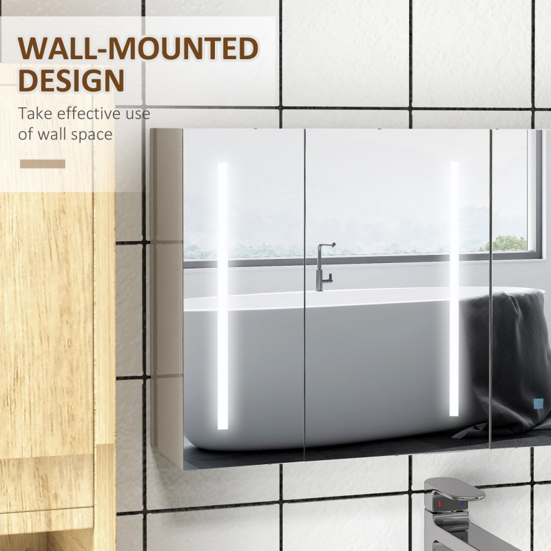 kleankin LED Lighted Bathroom Mirror Cabinet, Wall Mounted Bathroom Storage Cupboard with USB Charge, Adjustable Shelf, 90W x 15D x 70Hcm, High Gloss White