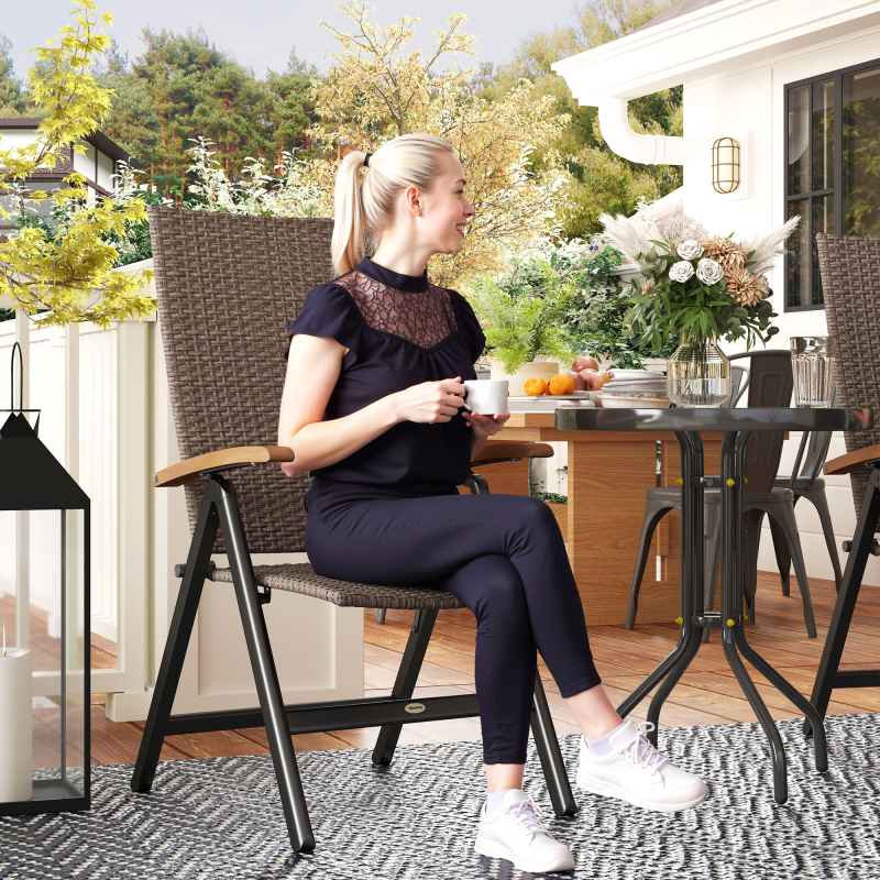 Outsunny 2 Pieces Outdoor Folding Dining Chair, PE Rattan Chair with Armrests, High Backrest, for Garden, Camping, Balcony, Porch, Brown
