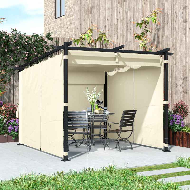 Outsunny 3 x 3(m) Metal Pergola with Retractable Roof and Sidewalls, Garden Gazebo UPF30+ Sun Shade Shelter for Outdoor, Patio, Deck, Beige