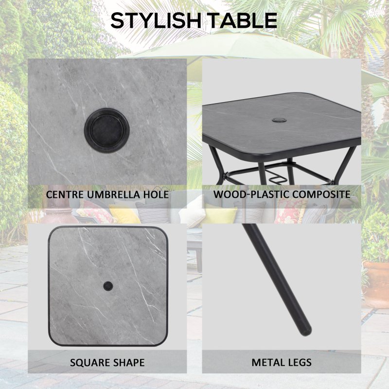 Outsunny 5-Piece Garden Dining Set with 4 Foldable Armchairs, Outdoor Furniture Set with Parasol Hole and Wood-plastic Composite Top Dining Table, Mesh Seat, Black