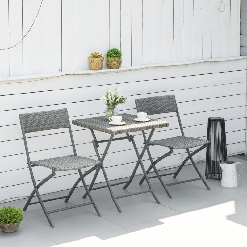 Outsunny 3 Pieces Folding Rattan Bistro Set, Garden Furniture Bistro Set with Folding Garden Table and Chairs, Wicker Balcony Furniture for Outdoor, Patio, Porch, Grey