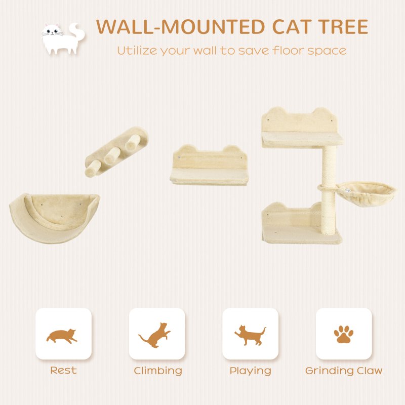 PawHut 4PCs Wall Mounted Cat Tree Cat Wall Shelves Furniture Climbing Shelf Set Kitten Activity Centre w/ Hammock, Scratching Post - Beige