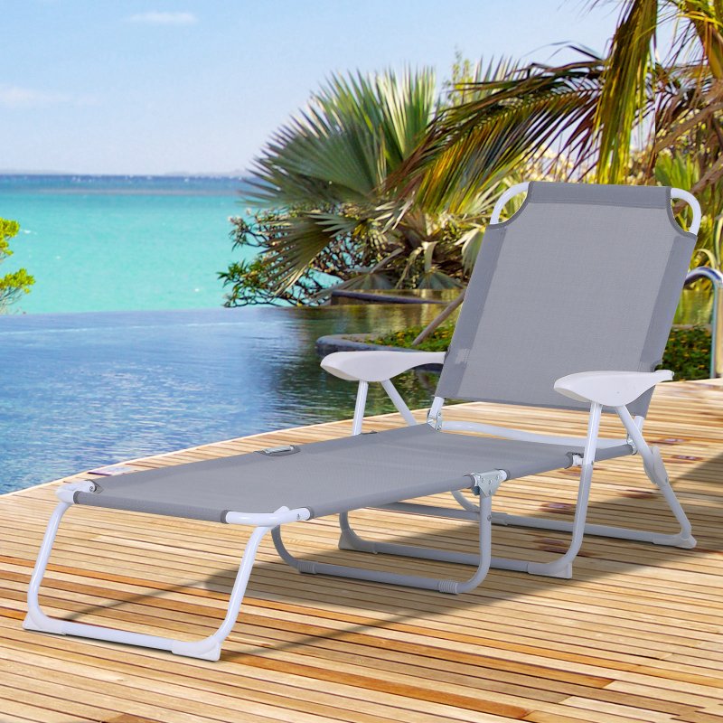 Outsunny Foldable Sun Lounger, Outdoor 4 Level Adjustable Backrest Reclining Lounge Chair with Armrests for Patio, Garden, Grey