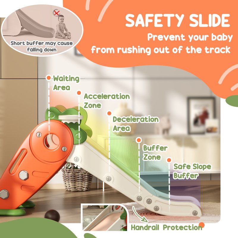 AIYAPLAY Kids Slide, 3 in 1 Foldable Toddler Slide with Basketball Hoop, Climber, Carrot-themed Indoor Slide for 1-3 Years Old, Orange