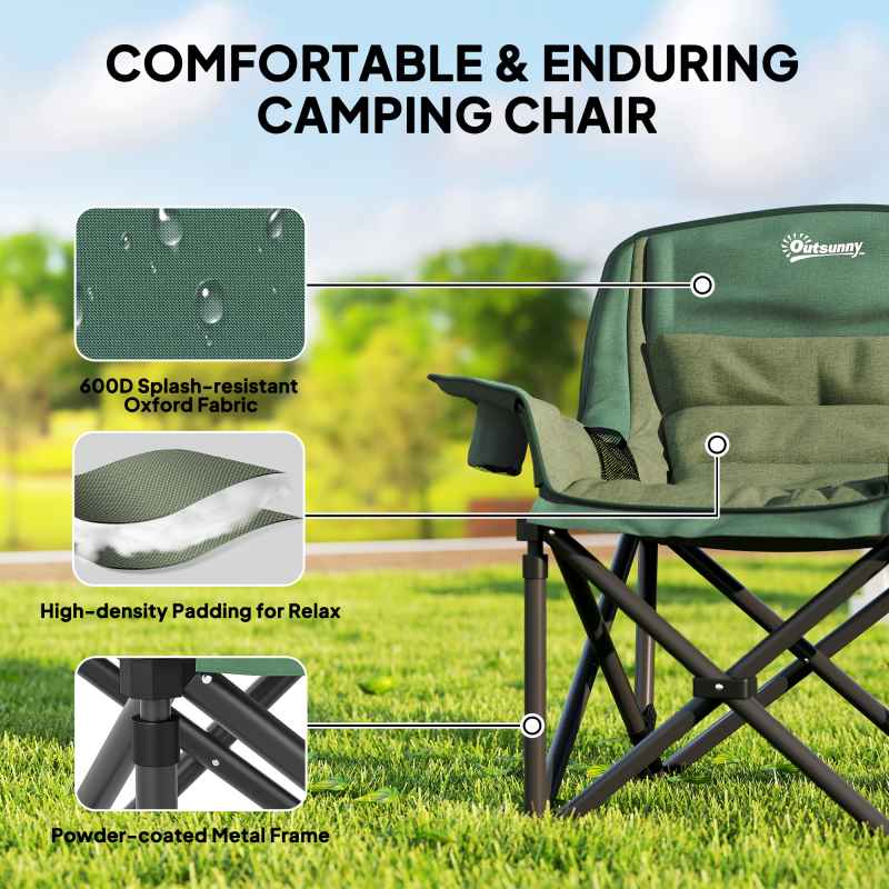 Outsunny Folding Camping Chair for Adults, Portable Padded Folding Chair with Cup Holders, Side Pockets and Carry bag for Picnic, Hiking, Fishing, Olive Green